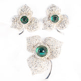 green bullet cabochon rhinestone flower Set - Brooch and Earrings vintage - Rhinestone Rosie