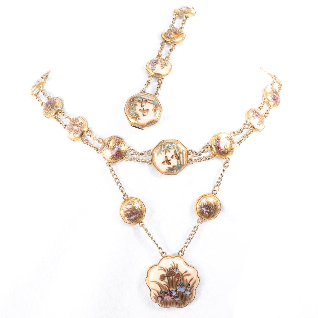 19th century Satsuma Set - Necklace and Bracelet - birds and flowers - antique - Rhinestone Rosie