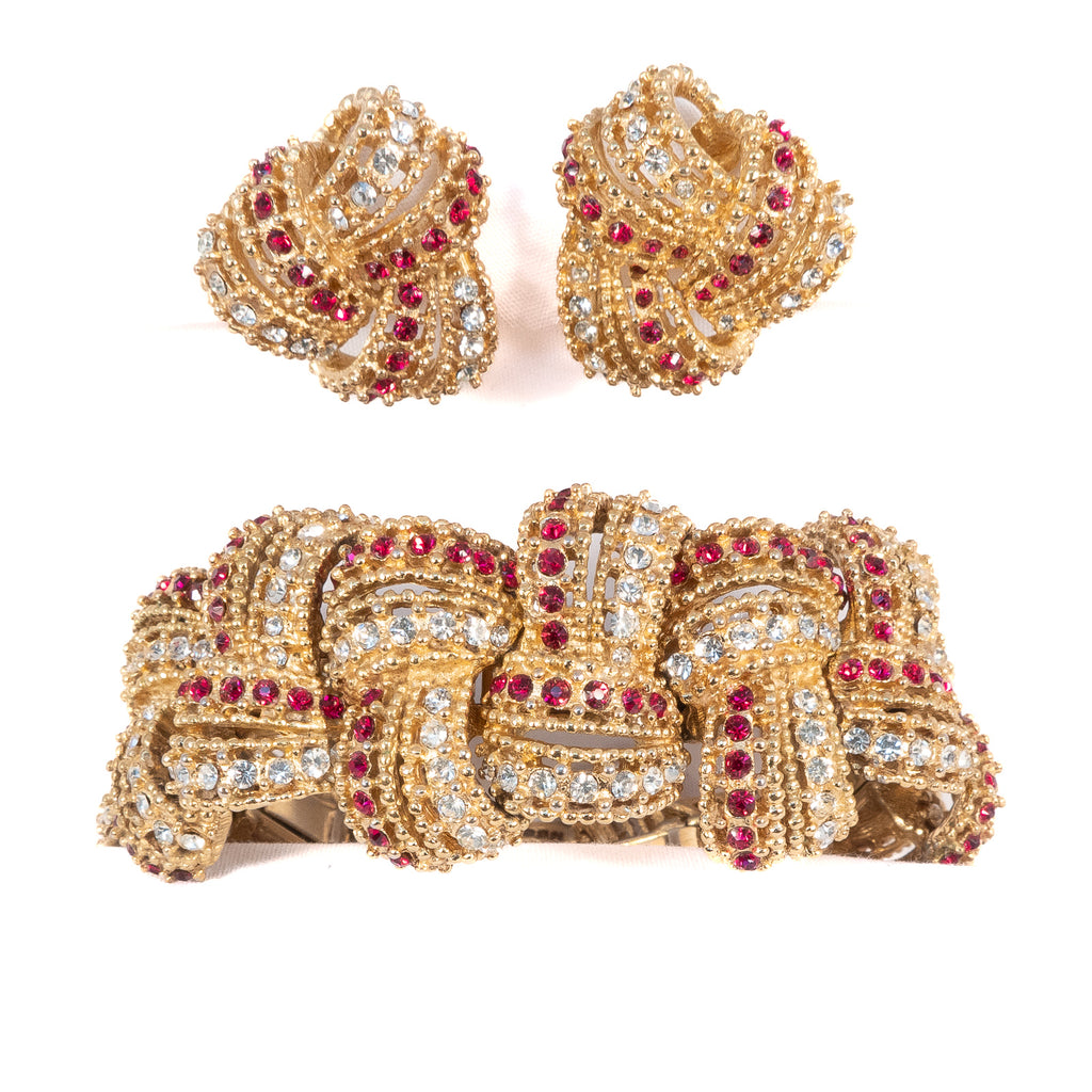Boucher Red Rhinestone Bracelet and Earrings Set vintage - Rhinestone Rosie