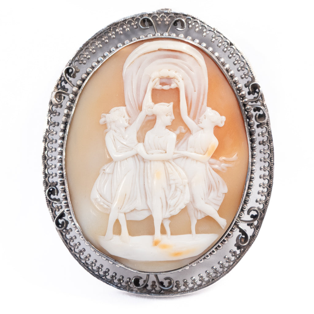 Three Graces Shell Cameo Brooch antique sterling silver - Rhinestone Rosie