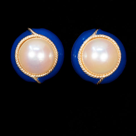 Cine Blue Enamel Earrings with Pearl