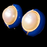 Ciner Pearl and Blue Enamel Earrings vintage - Rhinestone Rosie