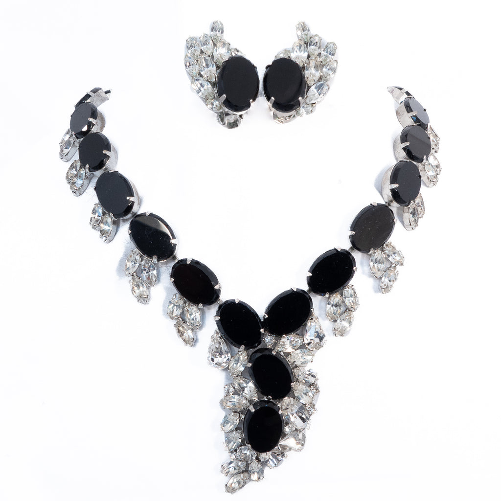 Hobe Black and Rhinestone Necklace and Earrings Set vintage - Rhinestone Rosie