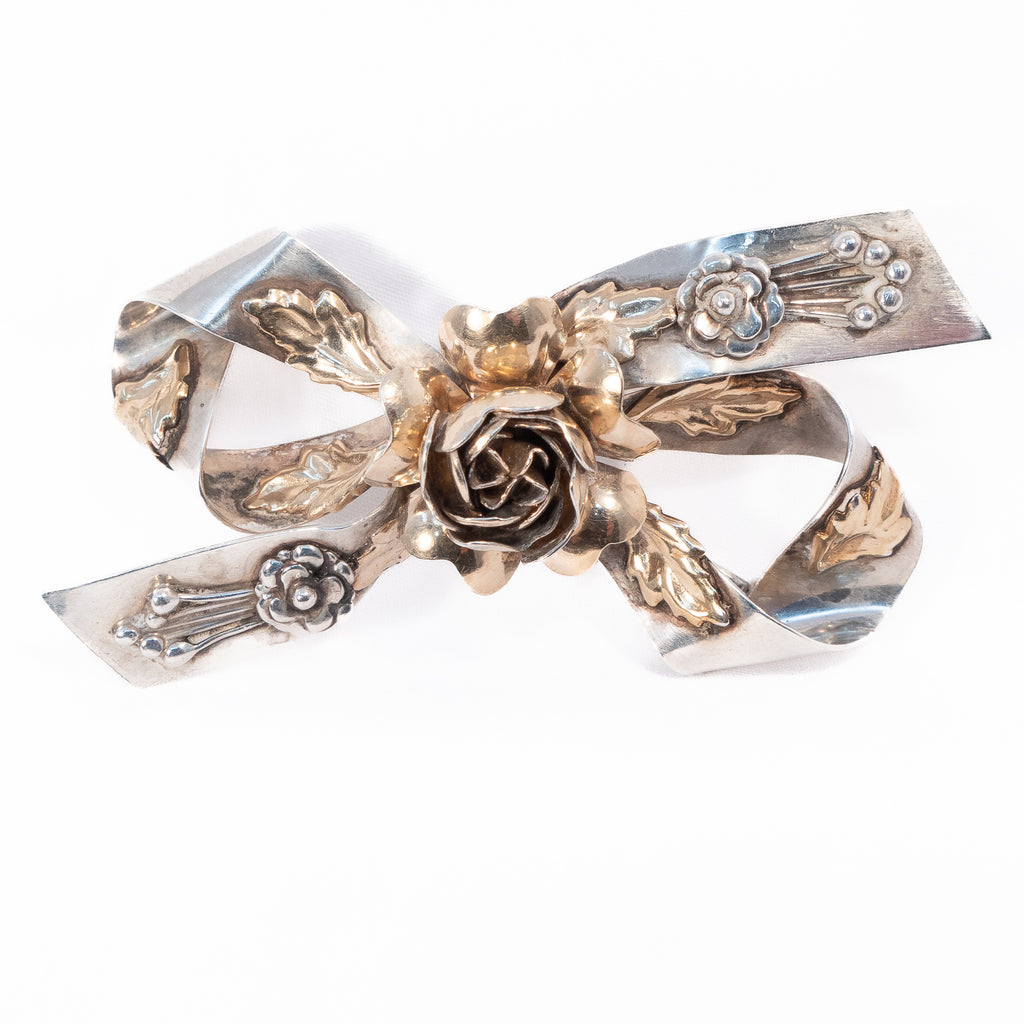 Hobé Flower Bow Brooch Sterling Silver vintage - Rhinestone Rosie