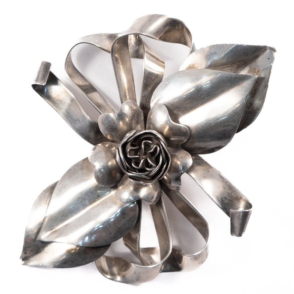 Hobé Flower Bow Leaf Brooch Sterling Silver vintage - Rhinestone Rosie