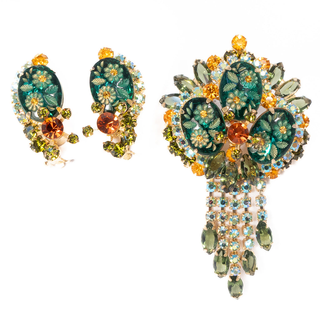 Juliana Green Dangle Intaglio Flower Brooch and Earrings Set vintage - Rhinestone Rosie