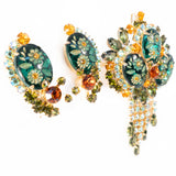 Juliana Green Dangle Intaglio Flower Brooch and Earrings Set vintage - Rhinestone Rosie