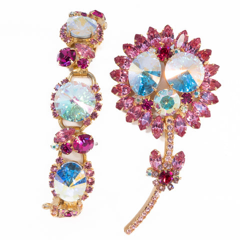 Juliana Pink Rivoli Flower Brooch and Bracelet Set