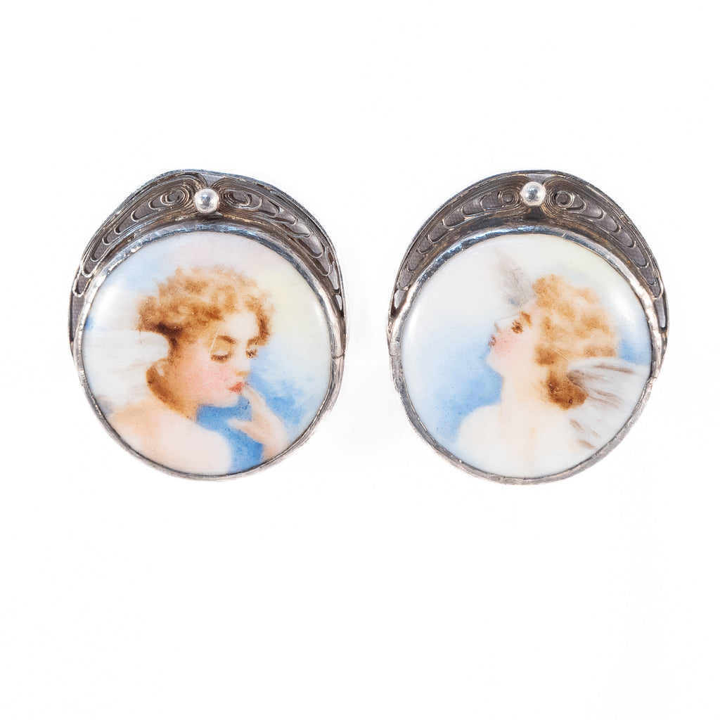 Angel Porcelain Earrings with Sterling Filigree vintage - Rhinestone Rosie