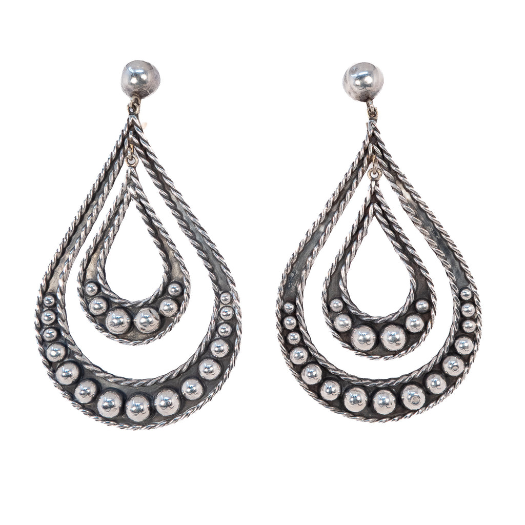 Mexican Sterling Silver Double Dangle Earrings Taxco RHC large vintage - Rhinestone Rosie