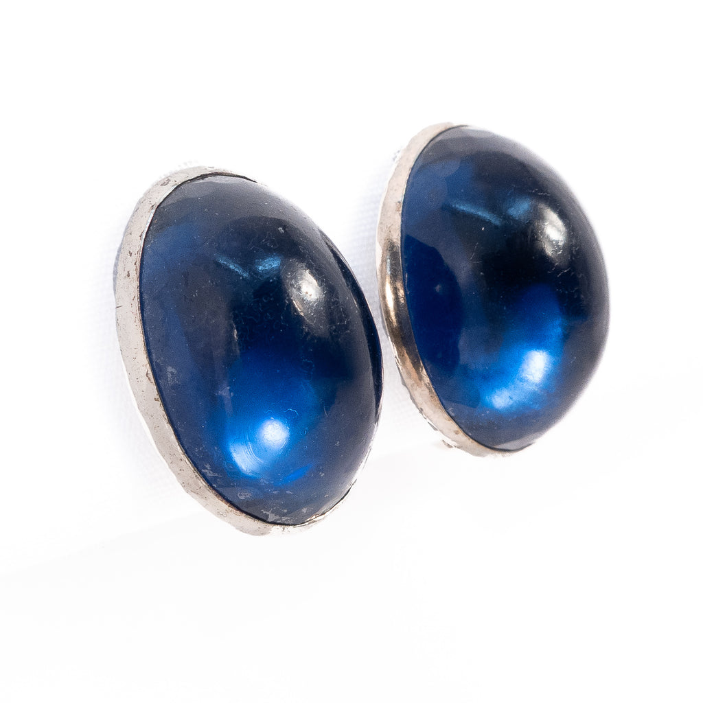 Monet Blue Glass Cabochon Sterling Silver Earrings vintage - Rhinestone Rosie