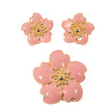 Monet Pink Enamel Flower Brooch and Earrings Set vintage - Rhinestone Rosie