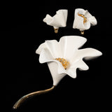 Monet White Acrylic Ruffled Flower Brooch and Earrings Set vintage - Rhinestone Rosie