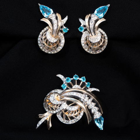 Reja Aqua Rhinestone Brooch and Earrings Set