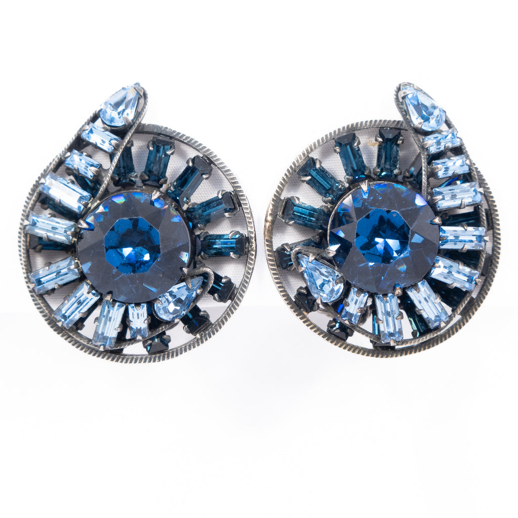 Schreiner? Blue Rhinestone Swirl Earrings vintage - Rhinestone Rosie