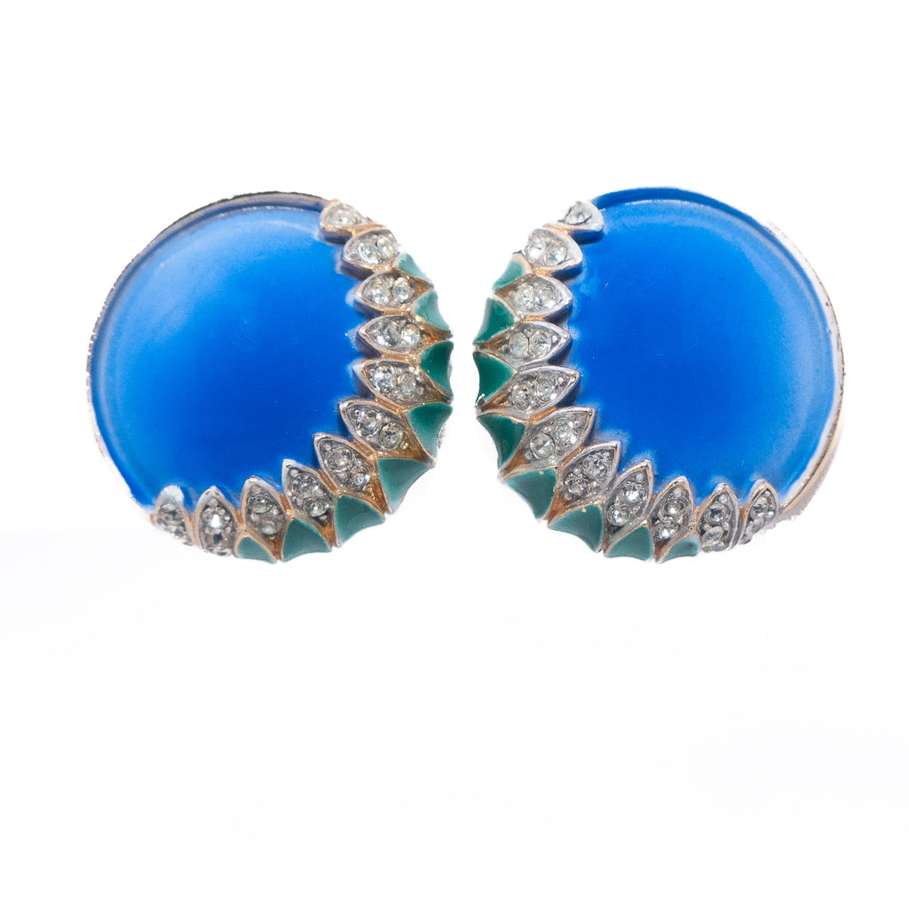 Trifari Blue Enamel and Rhinestone Earrings vintage - Rhinestone Rosie