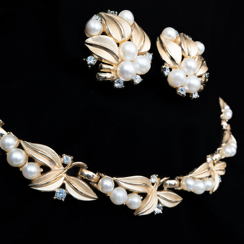 Trifari Pearl and Rhinestone Necklace and Earrings Set