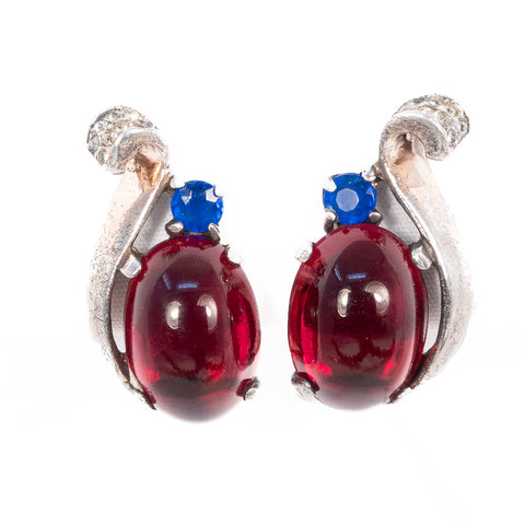 Trifari Sterling Silver Red Cabochon Earrings