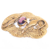 Sash Pin Brooch with two Alligators and Purple Glass Stone antique - Rhinestone Rosie
