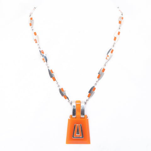 Machine Age Orange Galalith Plastic and Chrome Necklace