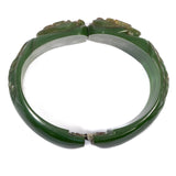 Bakelite Green Carved Flower Bracelet Hinged vintage - Rhinestone Rosie