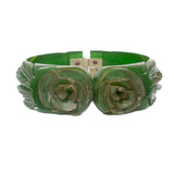 Bakelite Green Carved Flower Bracelet Hinged vintage - Rhinestone Rosie