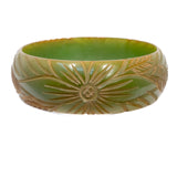 Bakelite Bracelet Green with Carved Flowers and Leaves vintage - Rhinestone Rosie