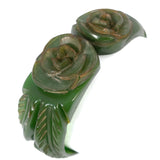Bakelite Green Carved Flower Bracelet Hinged vintage - Rhinestone Rosie