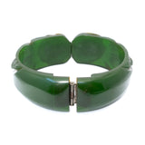 Bakelite Green Carved Flower Bracelet Hinged vintage - Rhinestone Rosie