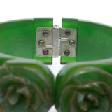 Bakelite Green Carved Flower Bracelet Hinged vintage - Rhinestone Rosie