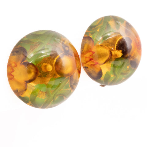 Bakelite Reverse Carved Flower Earrings