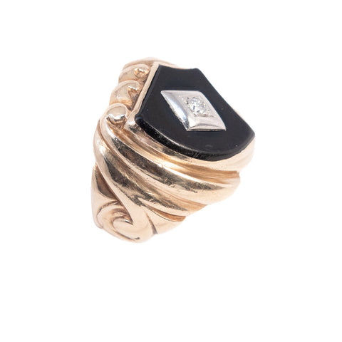 Black Onyx Shield Ring with Diamond 10kt