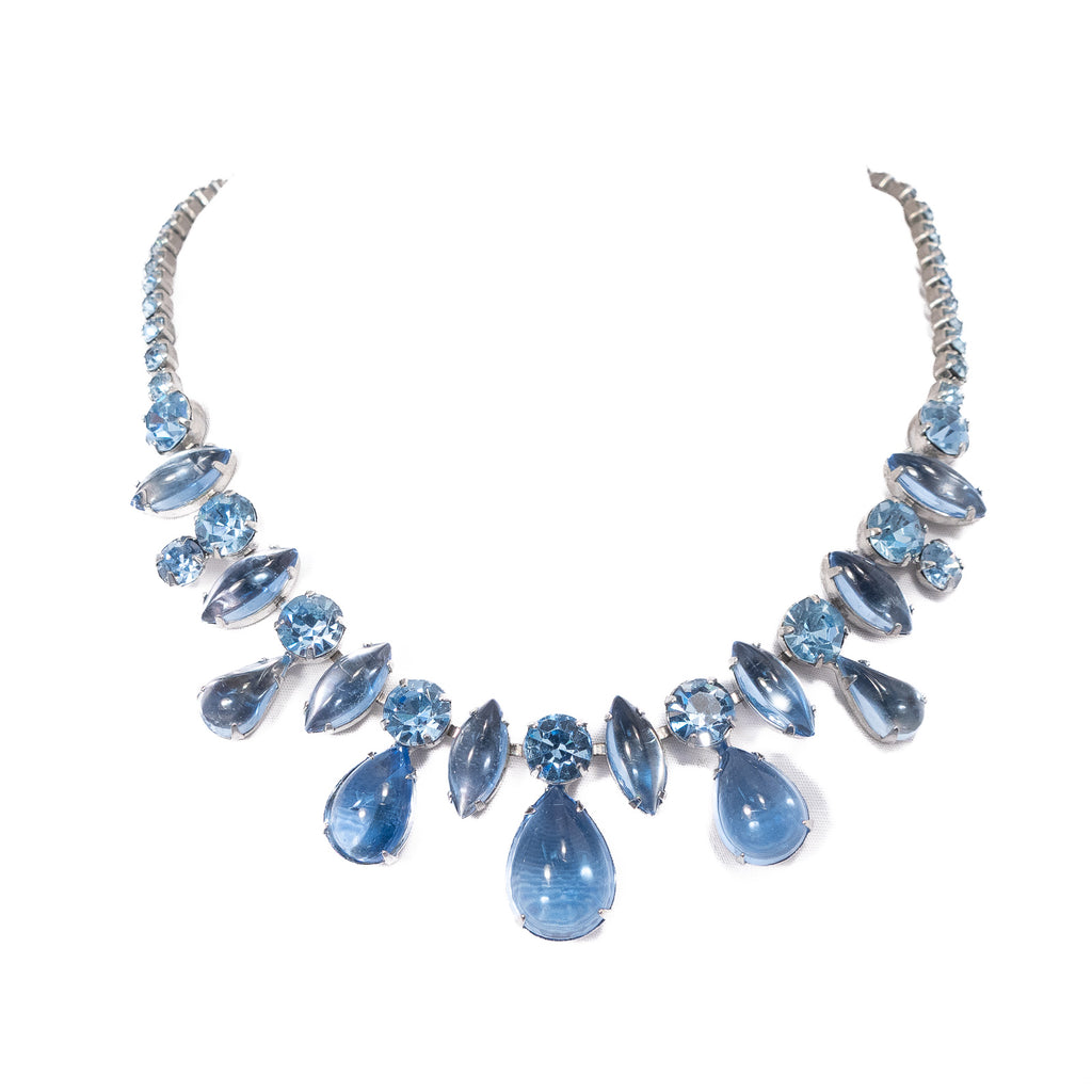 Light Blue Cabochon Rhinestone Necklace vintage - Rhinestone Rosie
