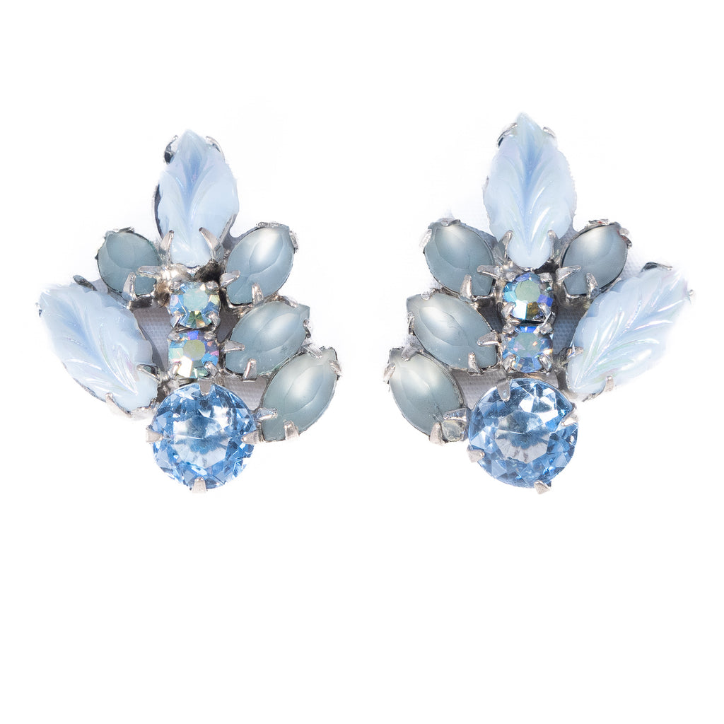 Light Blue Glass Leaf Earrings vintage - Rhinestone Rosie
