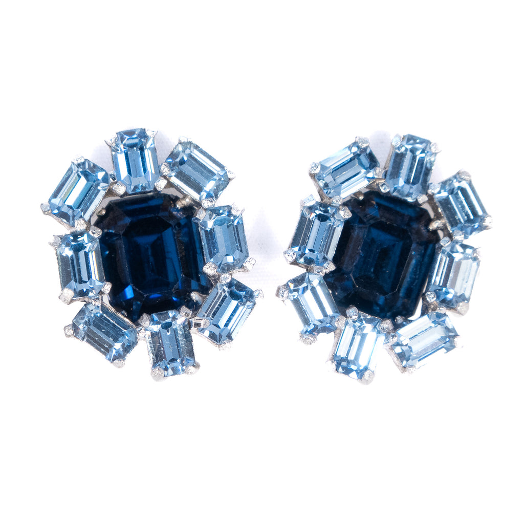 Blue / Light Blue Rectangle Rhinestone Earrings vintage - Rhinestone Rosie