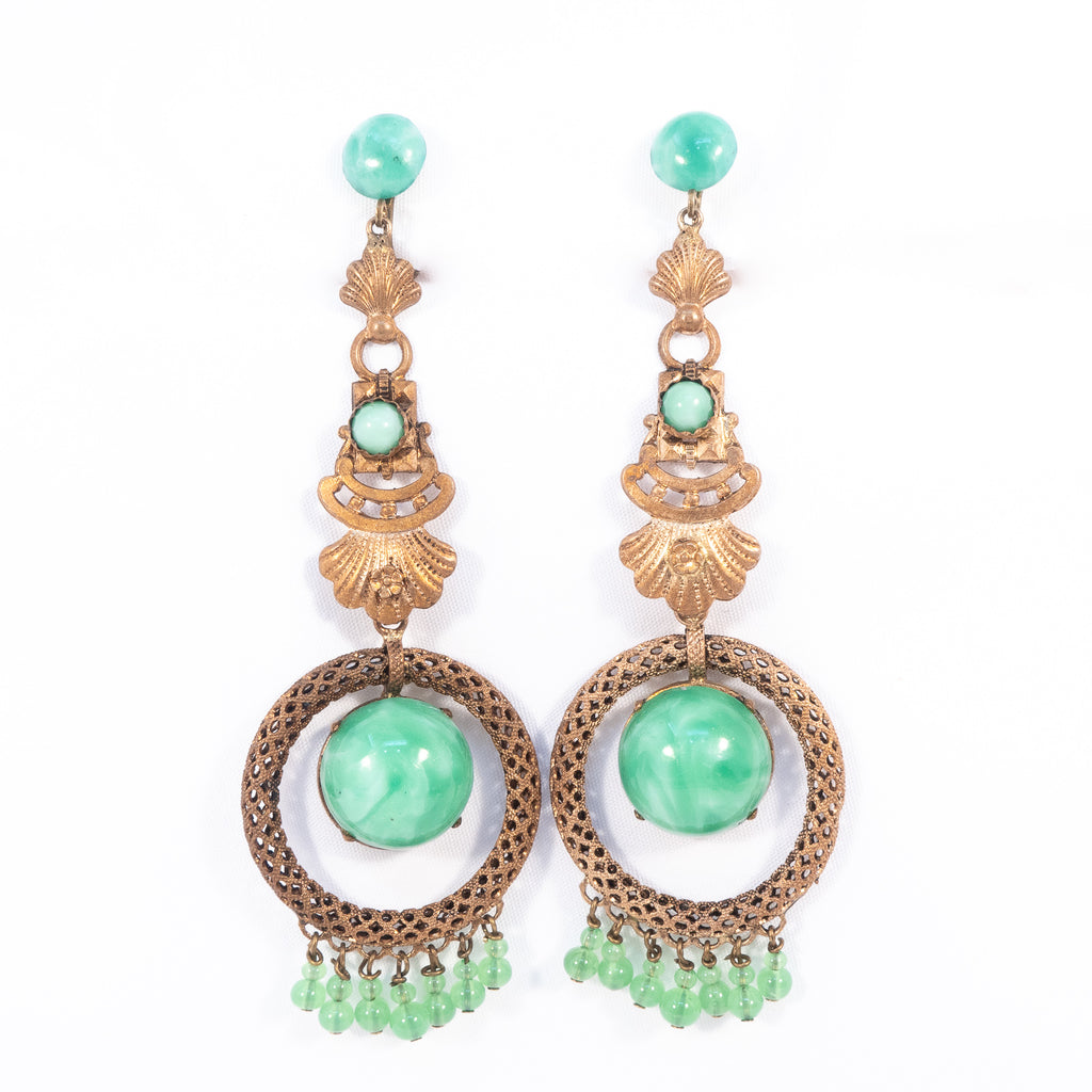 Green Glass and Brass Dangle Earrings vintage - Rhinestone Rosie