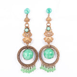 Green Glass and Brass Dangle Earrings vintage - Rhinestone Rosie