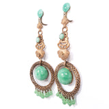 Green Glass and Brass Dangle Earrings vintage - Rhinestone Rosie