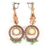 Green Glass and Brass Dangle Earrings vintage - Rhinestone Rosie