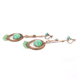 Green Glass and Brass Dangle Earrings vintage - Rhinestone Rosie