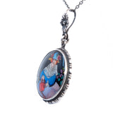 Butterfly Wing Pendant Necklace Reverse Painted Woman in Garden vintage - Rhinestone Rosie