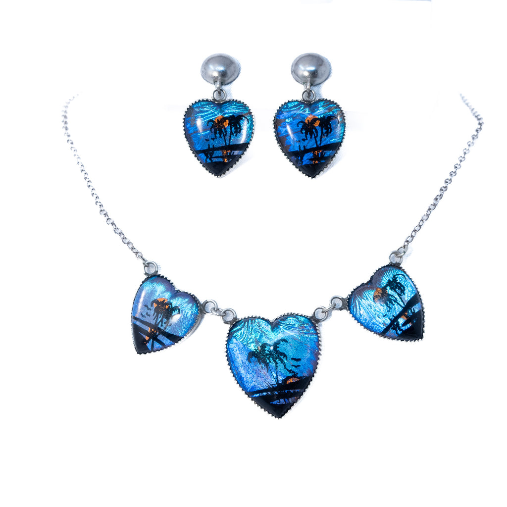 Butterfly Wing Heart Shaped Necklace and Earring Set vintage - Rhinestone Rosie