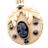 Wide Flat Mesh Chain Necklace with Black Glass Cameo vintage - Rhinestone Rosie