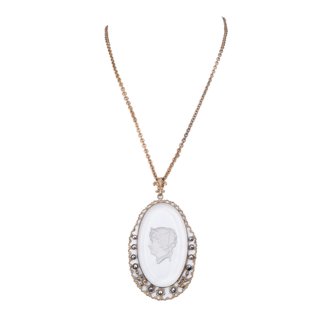 Crystal Glass Cameo Necklace with Marcasite vintage - Rhinestone Rosie
