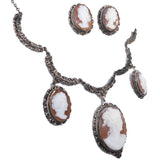 Shell Cameo Filigree Set Sterling Silver vintage - Rhinestone Rosie