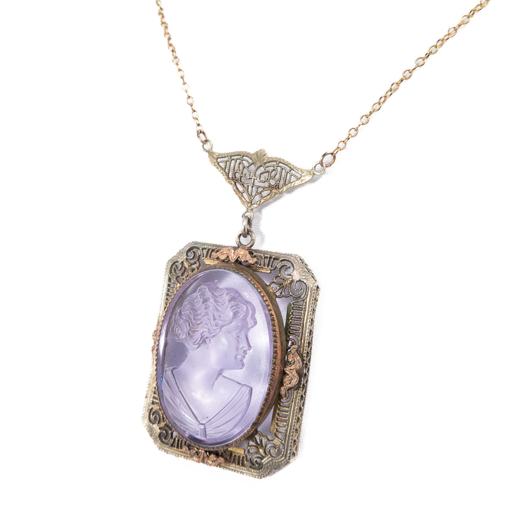 Purple Glass Cameo Necklace vintage - Rhinestone Rosie