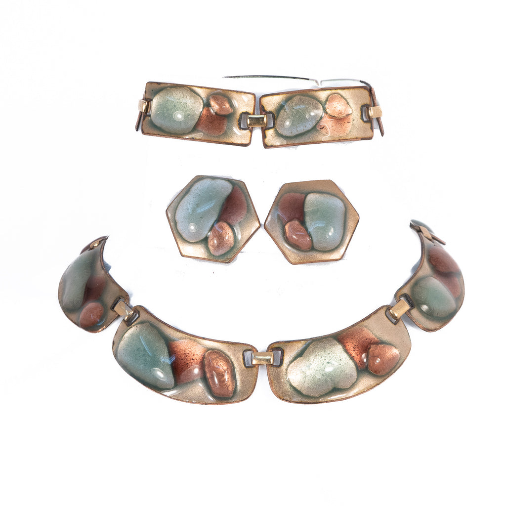 Pink, Blue, Tan Fused Glass Copper Necklace by K. Denning vintage - Rhinestone Rosie