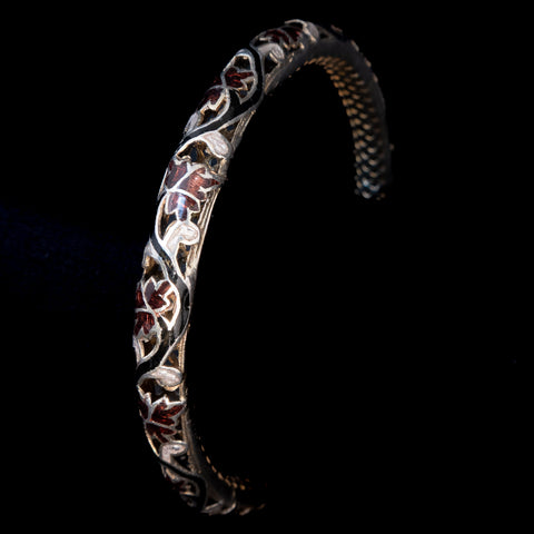 Silver Cutout Bracelet with Black and Burgundy Enamel