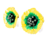 Yellow Green Enamel Flower Earrings by Hedy / Hedison Jewelry vintage - Rhinestone Rosie