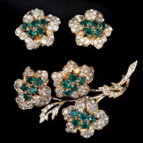 Flower Trembler Brooch and Earring Set Germany Sterling vintage - Rhinestone Rosie